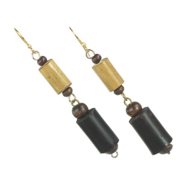 Alternate image for Bamboo and Sese Wood Dangle Earrings Brass Hooks from Ghana African Homestead