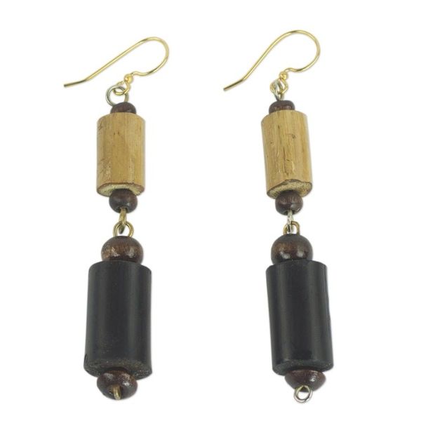 Alternate image for Bamboo and Sese Wood Dangle Earrings Brass Hooks from Ghana African Homestead