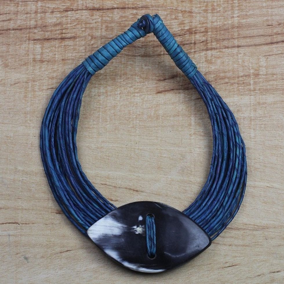 Ghanaian Blue Leather and Bone Statement Cord Necklace 'Masongo'