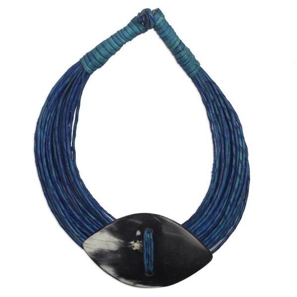 Alternate image for Ghanaian Blue Leather and Bone Statement Cord Necklace Masongo