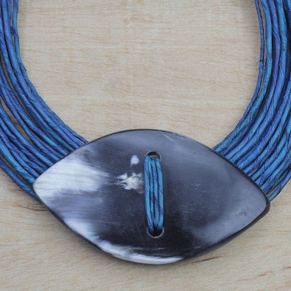 Alternate image for Ghanaian Blue Leather and Bone Statement Cord Necklace Masongo