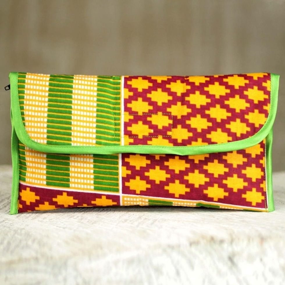 100 Cotton Multicolor Printed Clutch Handbag from Ghana 'Kente Joy'