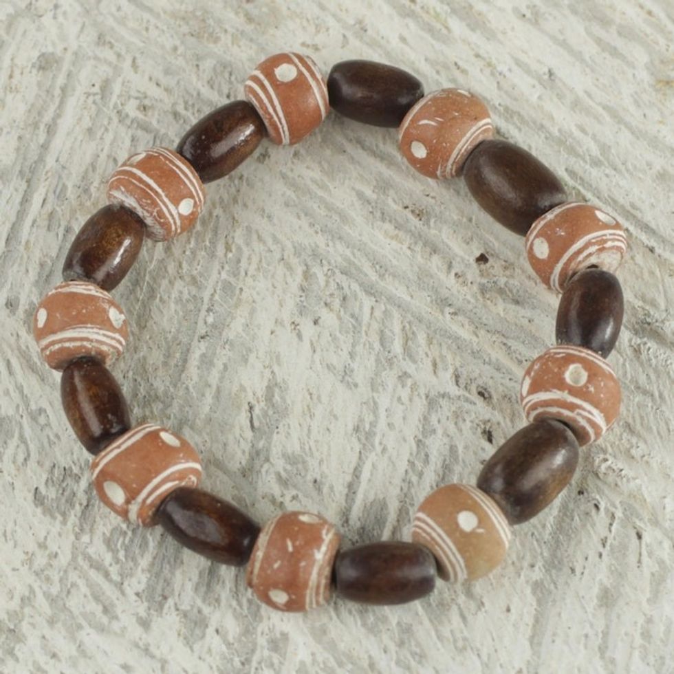 Wood and Recycled Plastic Beaded Stretch Bracelet from Ghana 'Successful Obaa Mo'