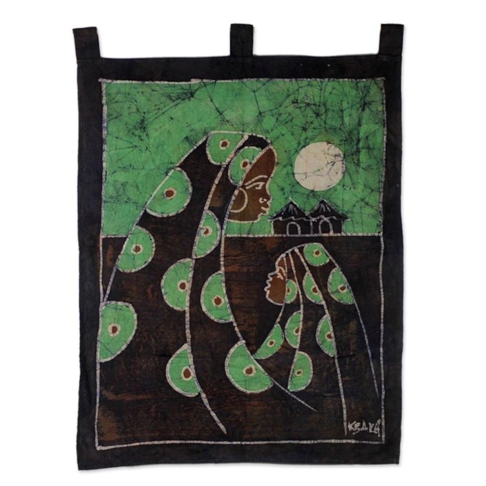 Cotton Batik Mother and Child Wall Hanging Handmade in Ghana 'Mother's Care in Green'