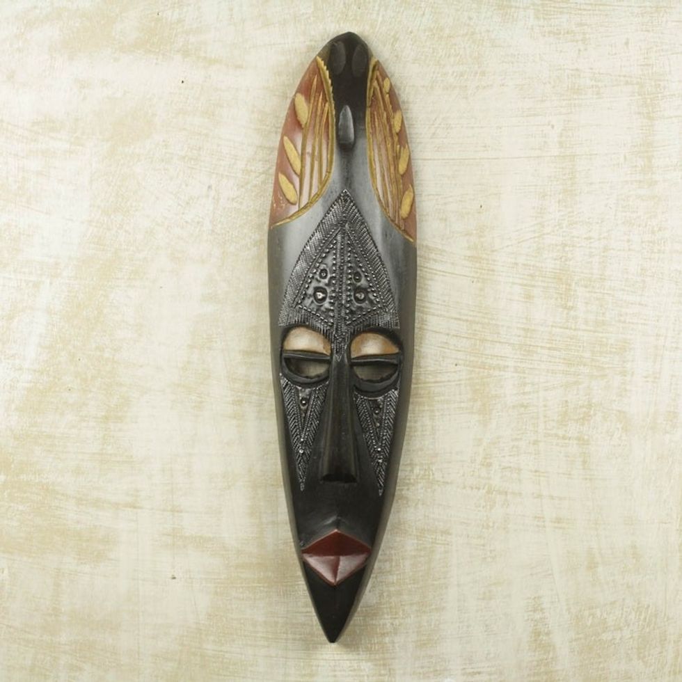 Hand Carved African Mask in Wood and Aluminum 'Symbol of Togetherness'