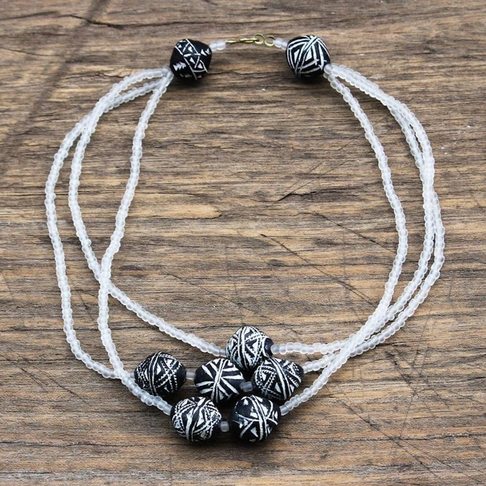 Recycled Glass and Ceramic Beaded Necklace from Ghana 'Melting Snow'