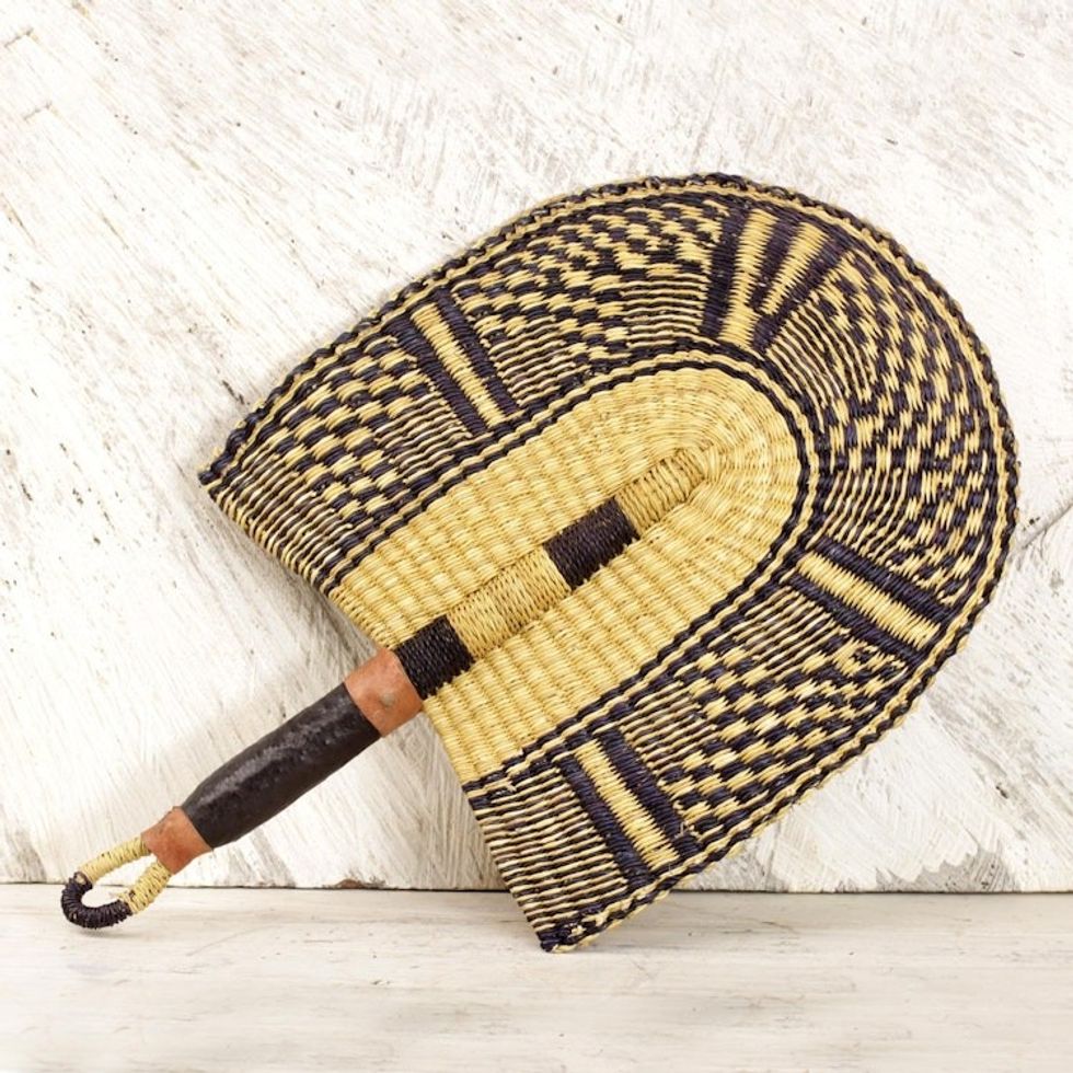 Handcrafted Leather Accent Raffia Fan from Ghana 'Savanna Comfort'
