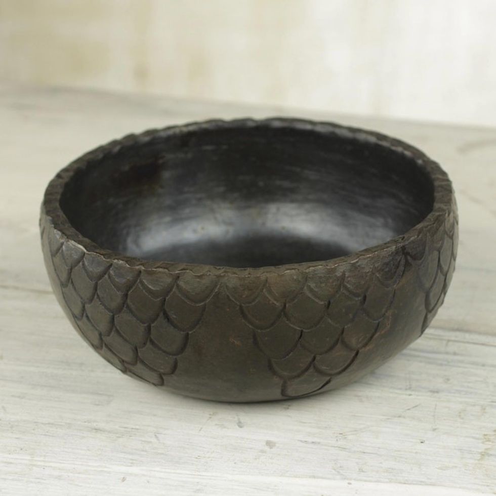 Wood-Fired Handcrafted Decorative Ceramic Bowl from Ghana 'Black Scales'