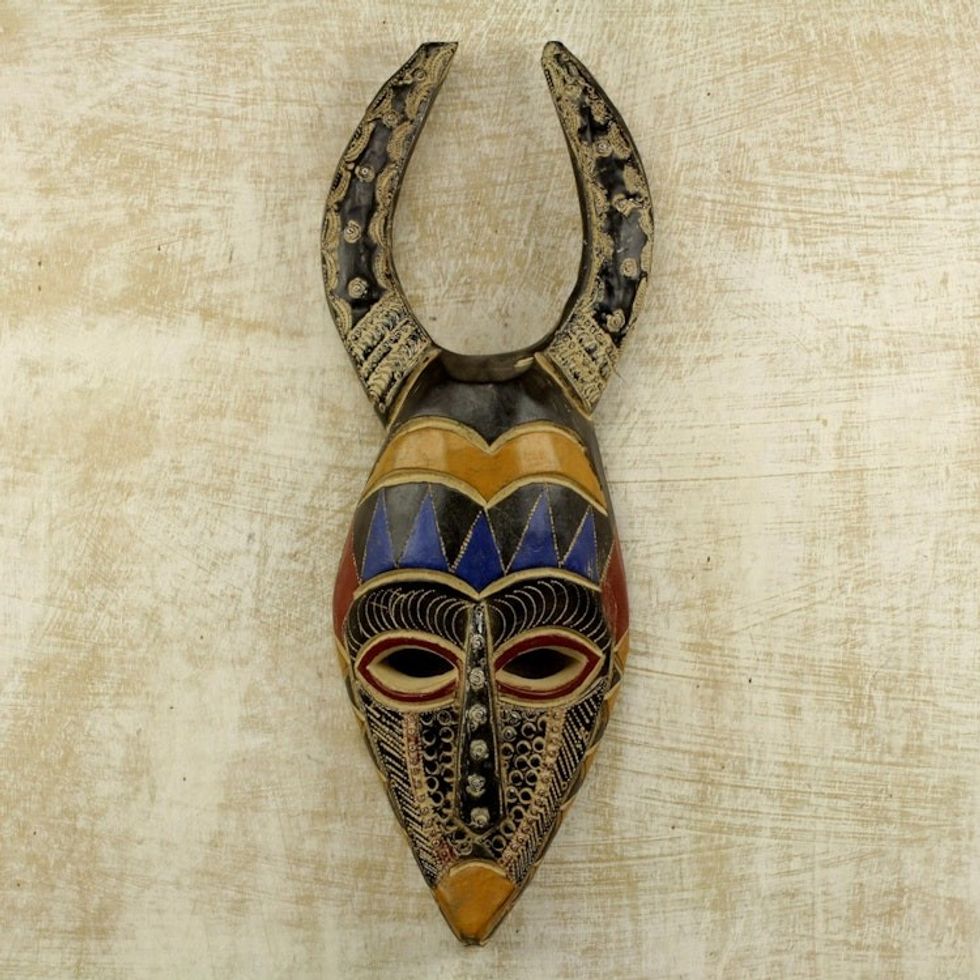 Artisan Crafted Wood and Aluminum African Horned Mask 'Horns of Power'