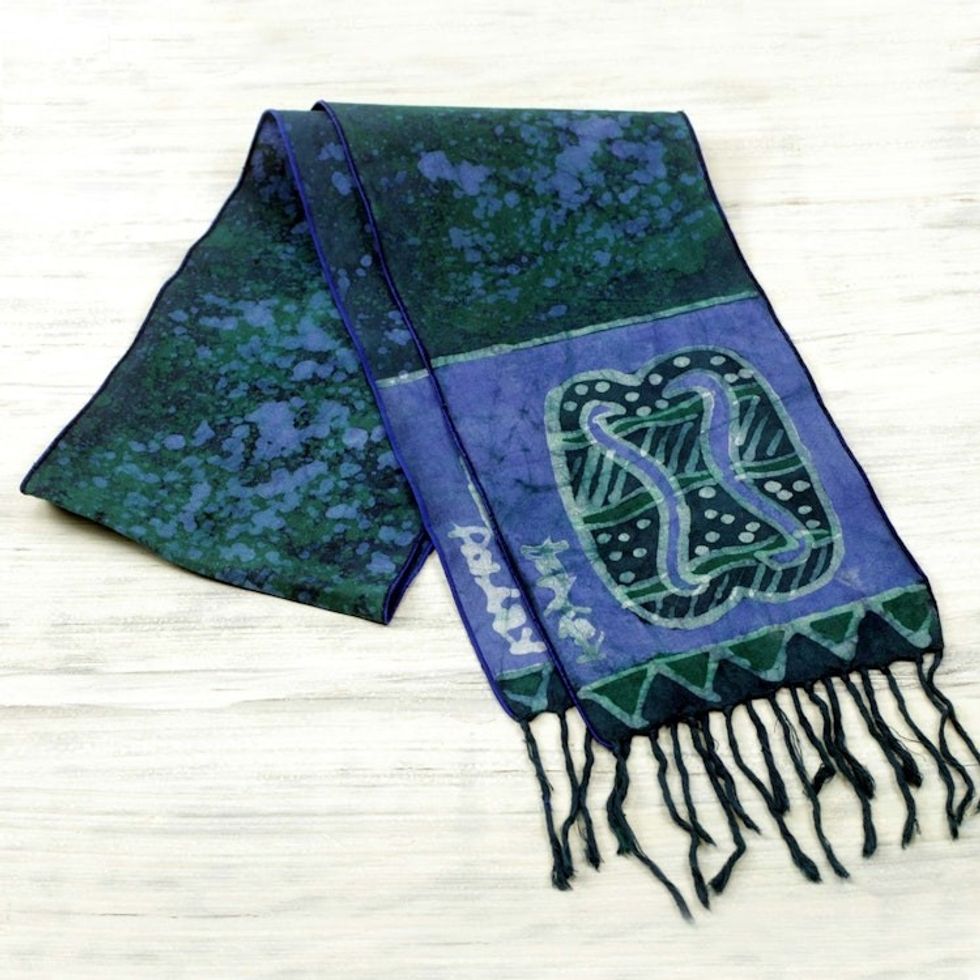 Signed Blue Batik Adinkra Scarf Handcrafted in Ghana 'Blue Unity Chain'