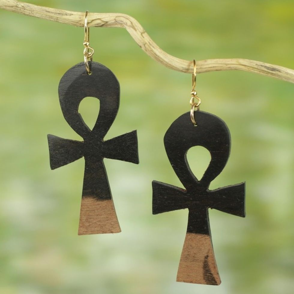 Ebony Wood Ankh Cross Dangle Earrings from Ghana 'Life Ankhs'