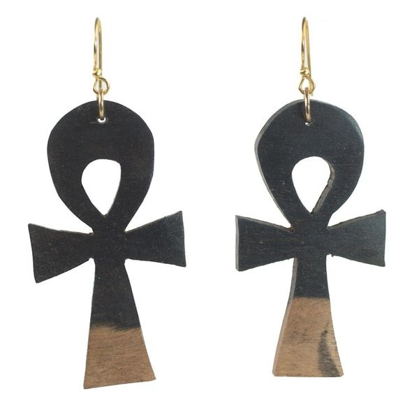 Alternate image for Ebony Wood Ankh Cross Dangle Earrings from Ghana Life Ankhs