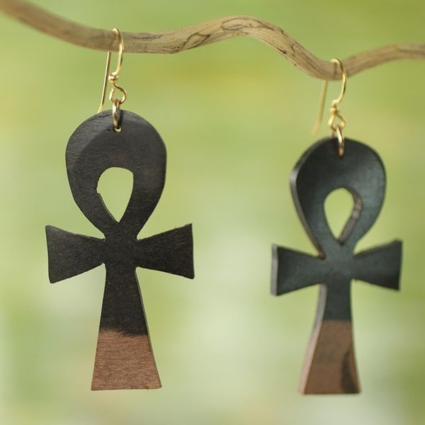 Alternate image for Ebony Wood Ankh Cross Dangle Earrings from Ghana Life Ankhs