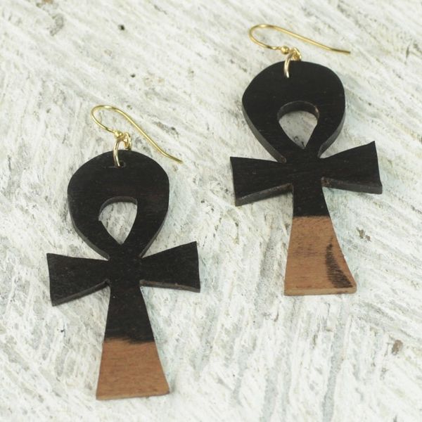 Alternate image for Ebony Wood Ankh Cross Dangle Earrings from Ghana Life Ankhs