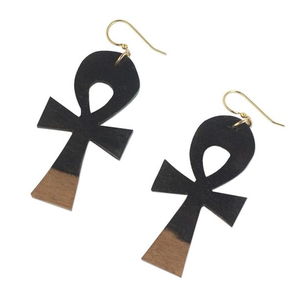 Alternate image for Ebony Wood Ankh Cross Dangle Earrings from Ghana Life Ankhs