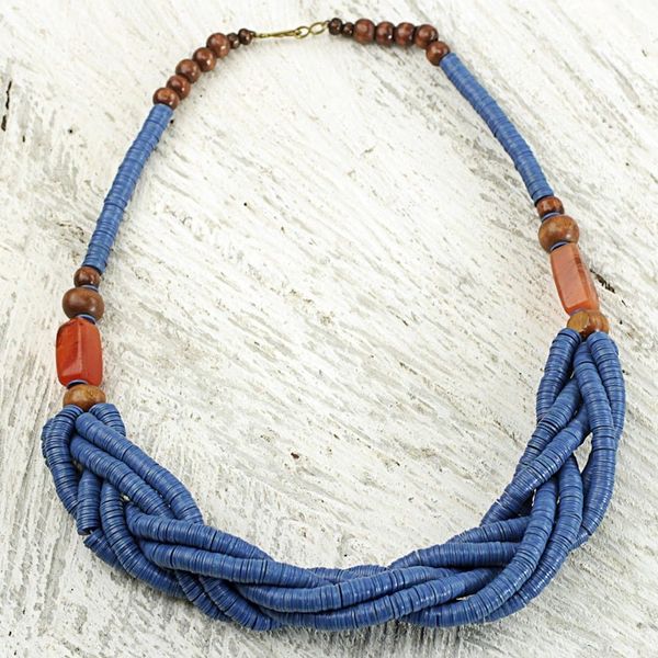 Alternate image for Blue Braided Beaded Necklace Fair Trade Jewelry from Africa Sosongo in Blue