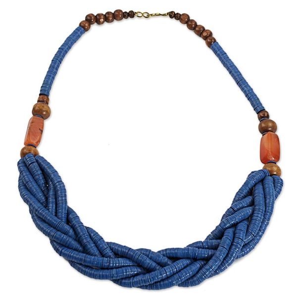 Alternate image for Blue Braided Beaded Necklace Fair Trade Jewelry from Africa Sosongo in Blue