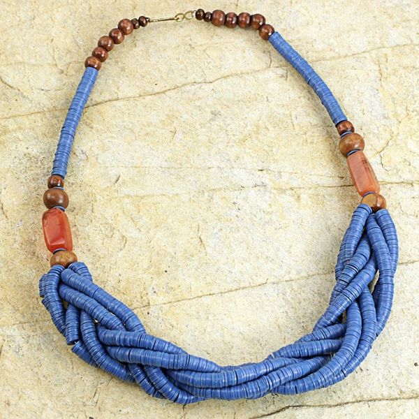 Alternate image for Blue Braided Beaded Necklace Fair Trade Jewelry from Africa Sosongo in Blue
