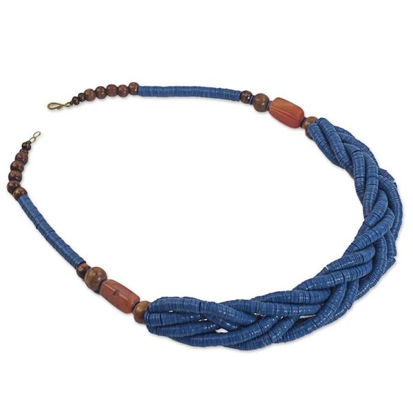 Alternate image for Blue Braided Beaded Necklace Fair Trade Jewelry from Africa Sosongo in Blue