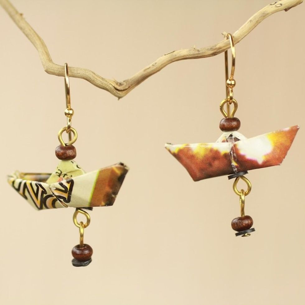 Recycled Paper Sailboat Earrings Crafted by Hand 'Tema Harbor'