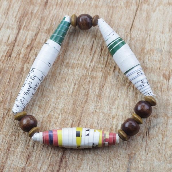 Alternate image for Recycled Paper and Sese Wood Beaded Stretch Bracelet Me and the World
