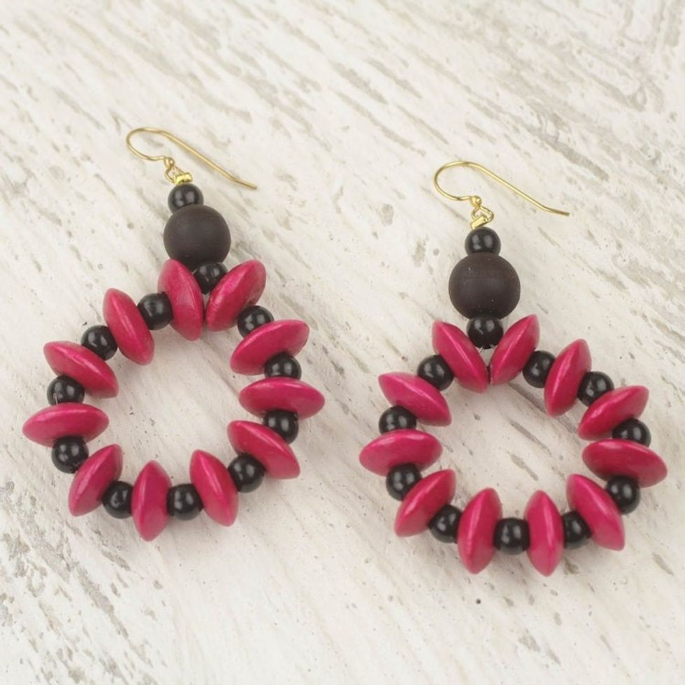 Hand Crafted Sese Wood Dangle Earrings from Ghana 'Bloom in Magenta'