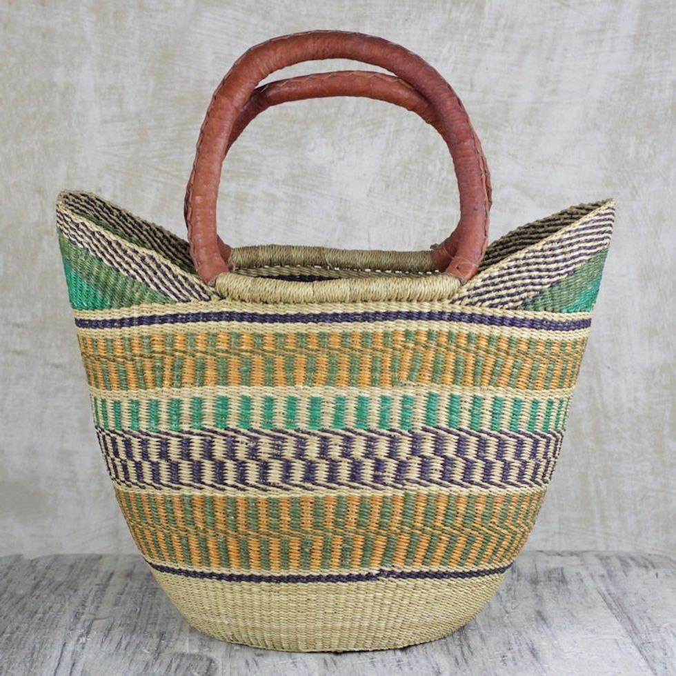 Hand Woven Raffia Natural Fiber Tote with Leather Strap 'Supper Basket'