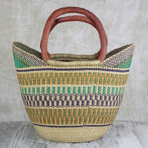 Alternate image for Hand Woven Raffia Natural Fiber Tote with Leather Strap Supper Basket