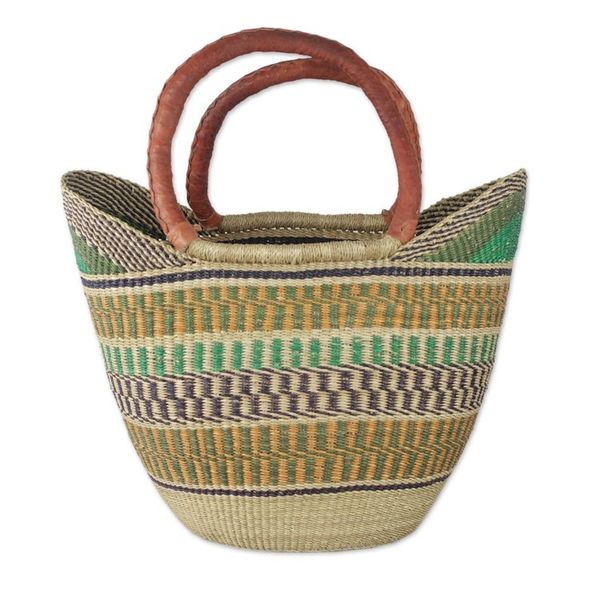 Alternate image for Hand Woven Raffia Natural Fiber Tote with Leather Strap Supper Basket