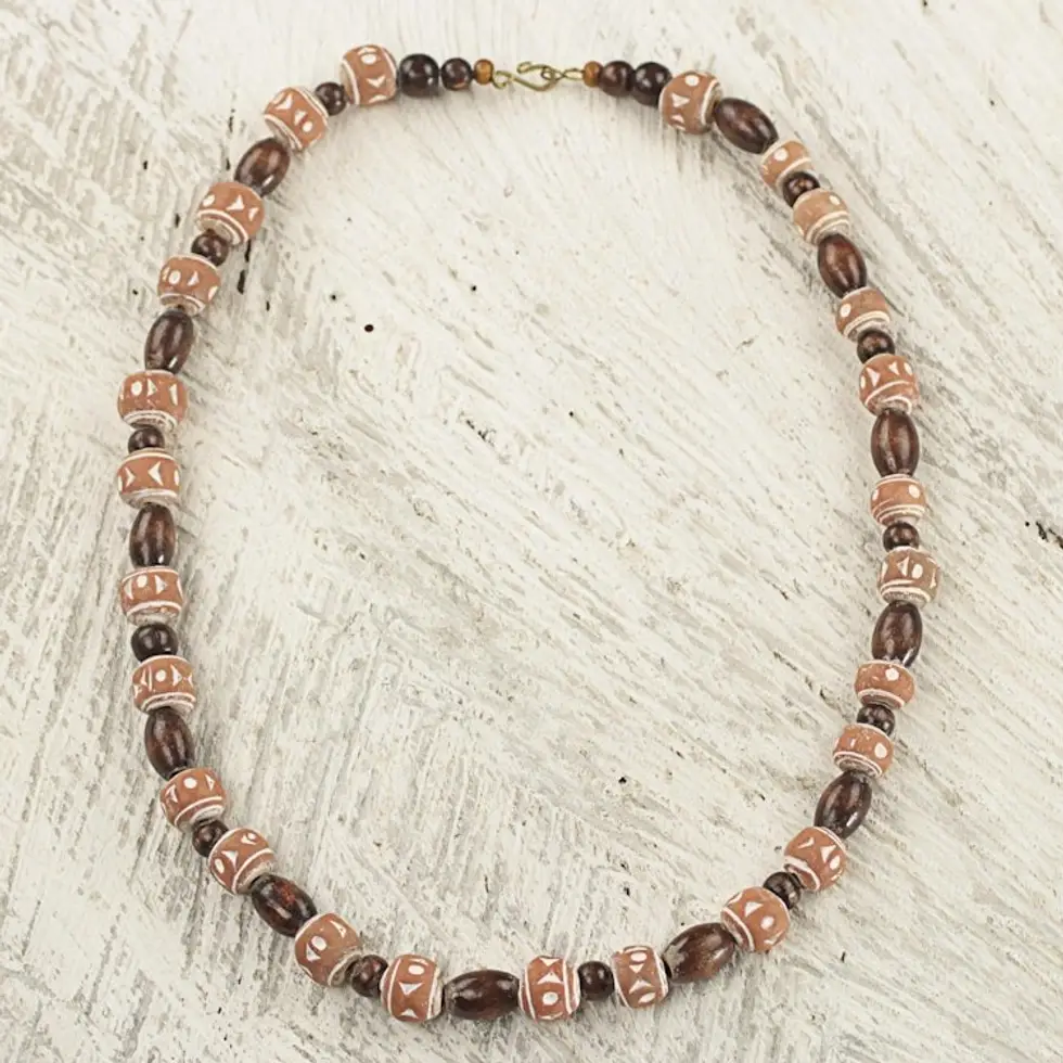 Hand Crafted Sese Wood and Terracotta Beaded Necklace 'Oheneyire'