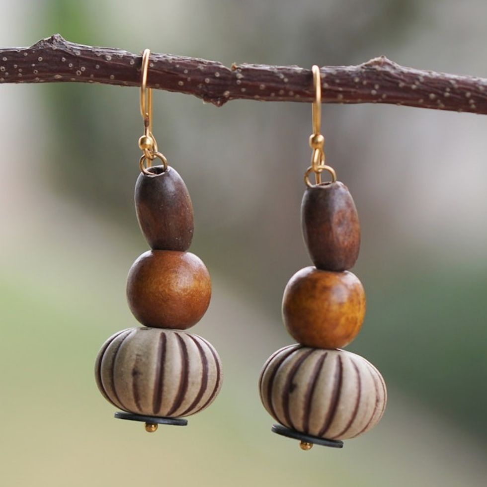 Sese Wood and Recycled Plastic Dangle Beaded Earrings 'Bohemian Goddess'