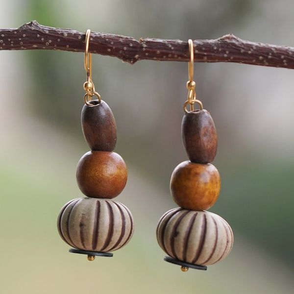 Alternate image for Sese Wood and Recycled Plastic Dangle Beaded Earrings Bohemian Goddess