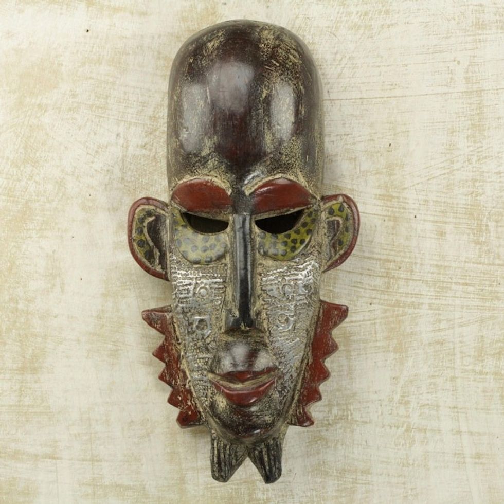 Sese Wood and Embossed Aluminum African Mask from Ghana 'Wambi Beckons'
