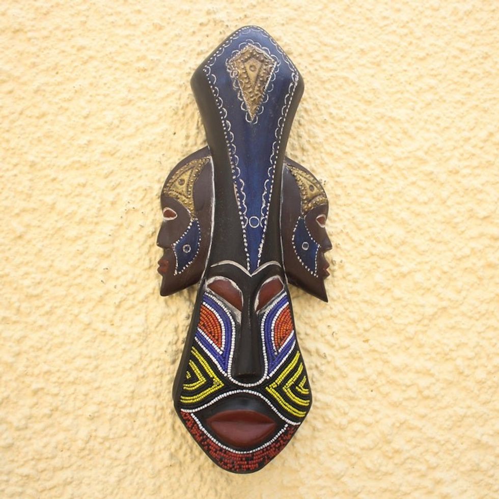 Beaded Wood Three Faced African Wall Mask Crafted by Hand 'Glorious Work'