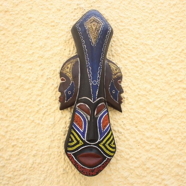 Alternate image for Beaded Wood Three Faced African Wall Mask Crafted by Hand Glorious Work