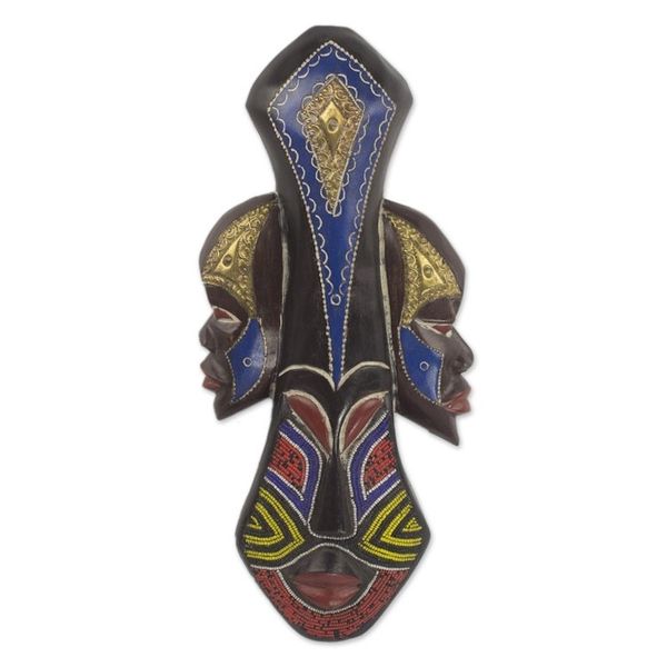 Alternate image for Beaded Wood Three Faced African Wall Mask Crafted by Hand Glorious Work