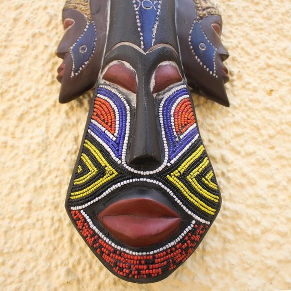 Alternate image for Beaded Wood Three Faced African Wall Mask Crafted by Hand Glorious Work