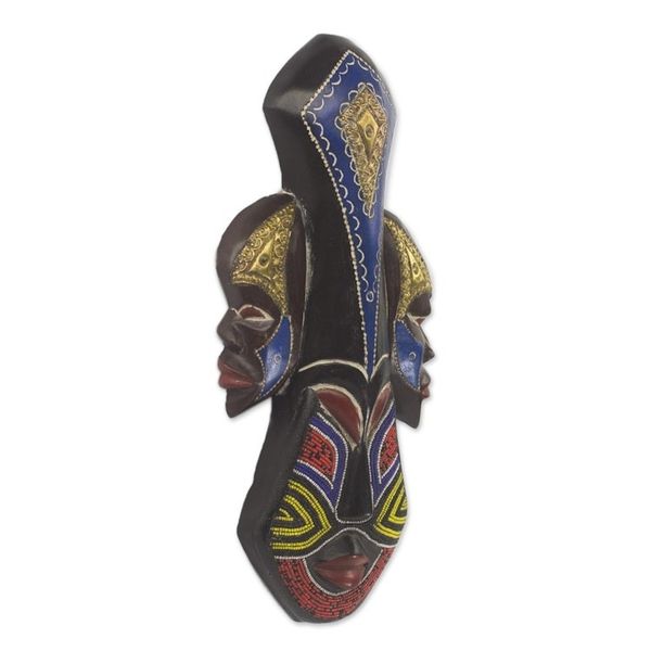 Alternate image for Beaded Wood Three Faced African Wall Mask Crafted by Hand Glorious Work