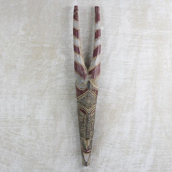 Alternate image for Sese Wood and Aluminum Wall Mask Hand Carved in Ghana Horns of Strength