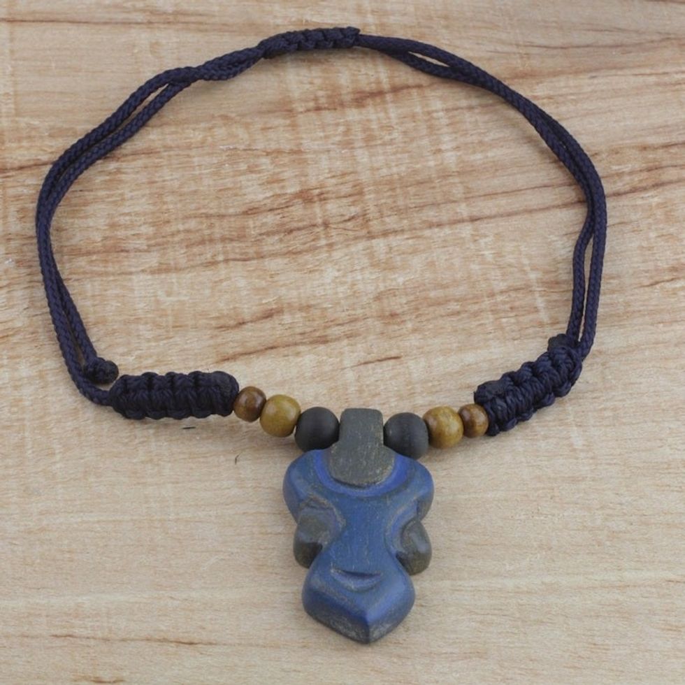 Blue Wood Pendant Necklace on Adjustable Cord 'Enyindado'