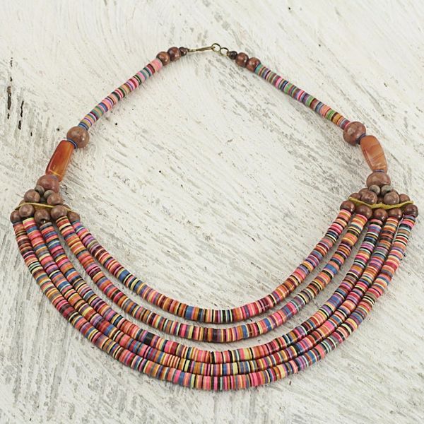 Alternate image for Artisan Multicolor Bead Necklace with Wood Agate and Leather Multicolor Wend Panga