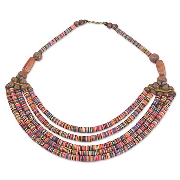 Alternate image for Artisan Multicolor Bead Necklace with Wood Agate and Leather Multicolor Wend Panga