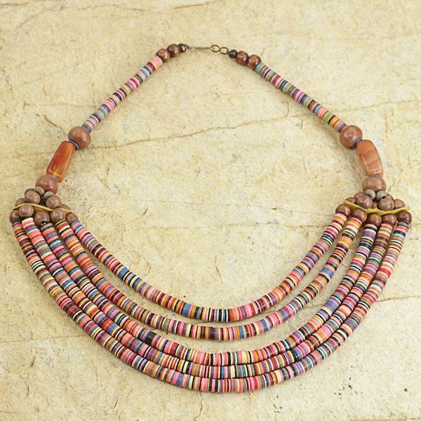Alternate image for Artisan Multicolor Bead Necklace with Wood Agate and Leather Multicolor Wend Panga