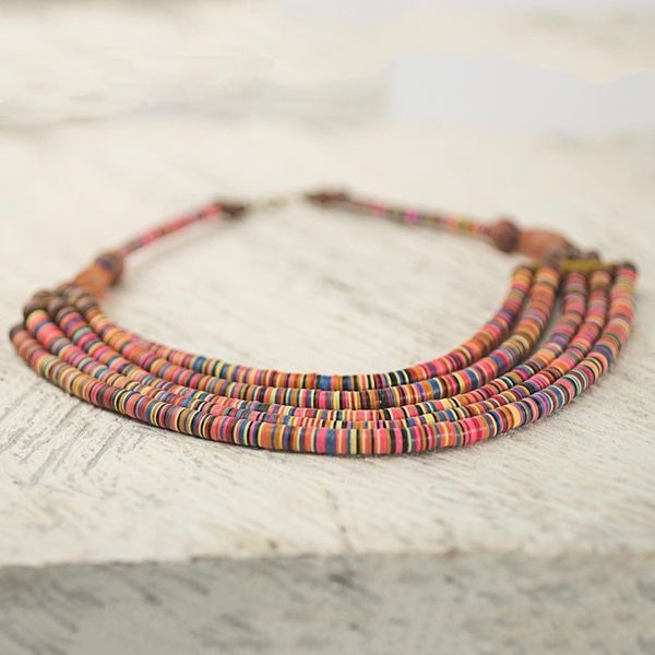 Alternate image for Artisan Multicolor Bead Necklace with Wood Agate and Leather Multicolor Wend Panga