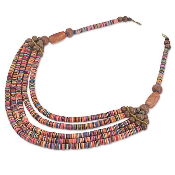 Alternate image for Artisan Multicolor Bead Necklace with Wood Agate and Leather Multicolor Wend Panga