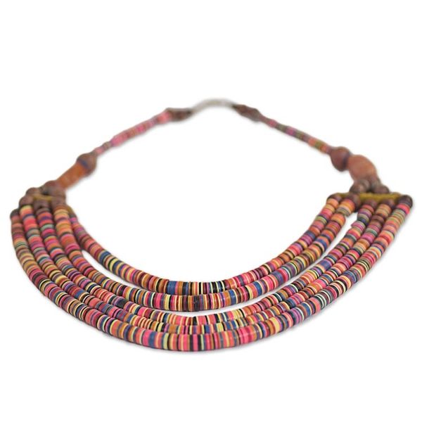 Alternate image for Artisan Multicolor Bead Necklace with Wood Agate and Leather Multicolor Wend Panga