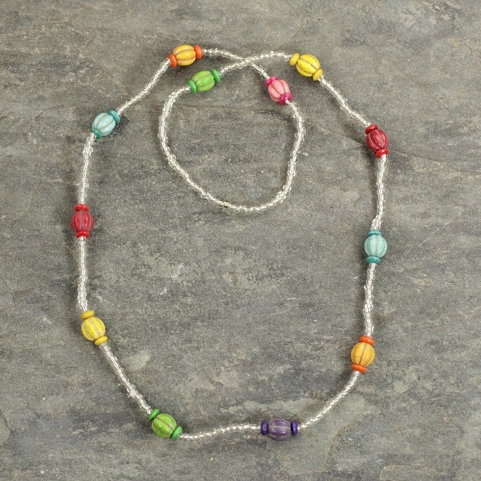 Multicolored Recycled Glass Beaded Necklace from Ghana 'Casual Colors'