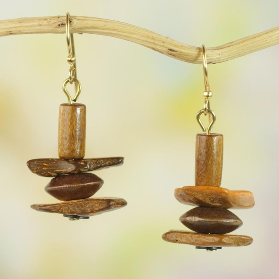 Ghanaian Handcrafted Sese Wood and Coconut Shell Earrings 'Prosperous Sika'