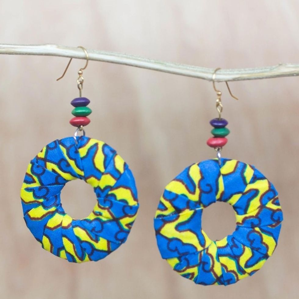 Blue and Yellow Cotton Hoop Dangle Earrings from West Africa 'Vibrant Africa'