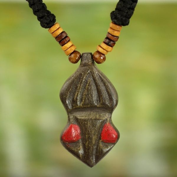 Alternate image for Hand Carved Wooden Pendant and Cord Necklace from Ghana Gyau Atiko